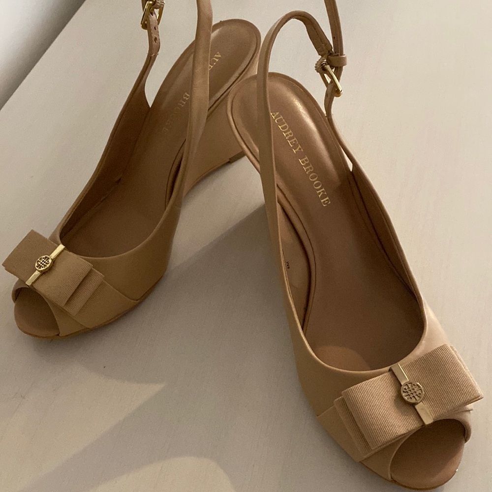 Audrey Brooke Tan Wedge Heels with Bow Fiona